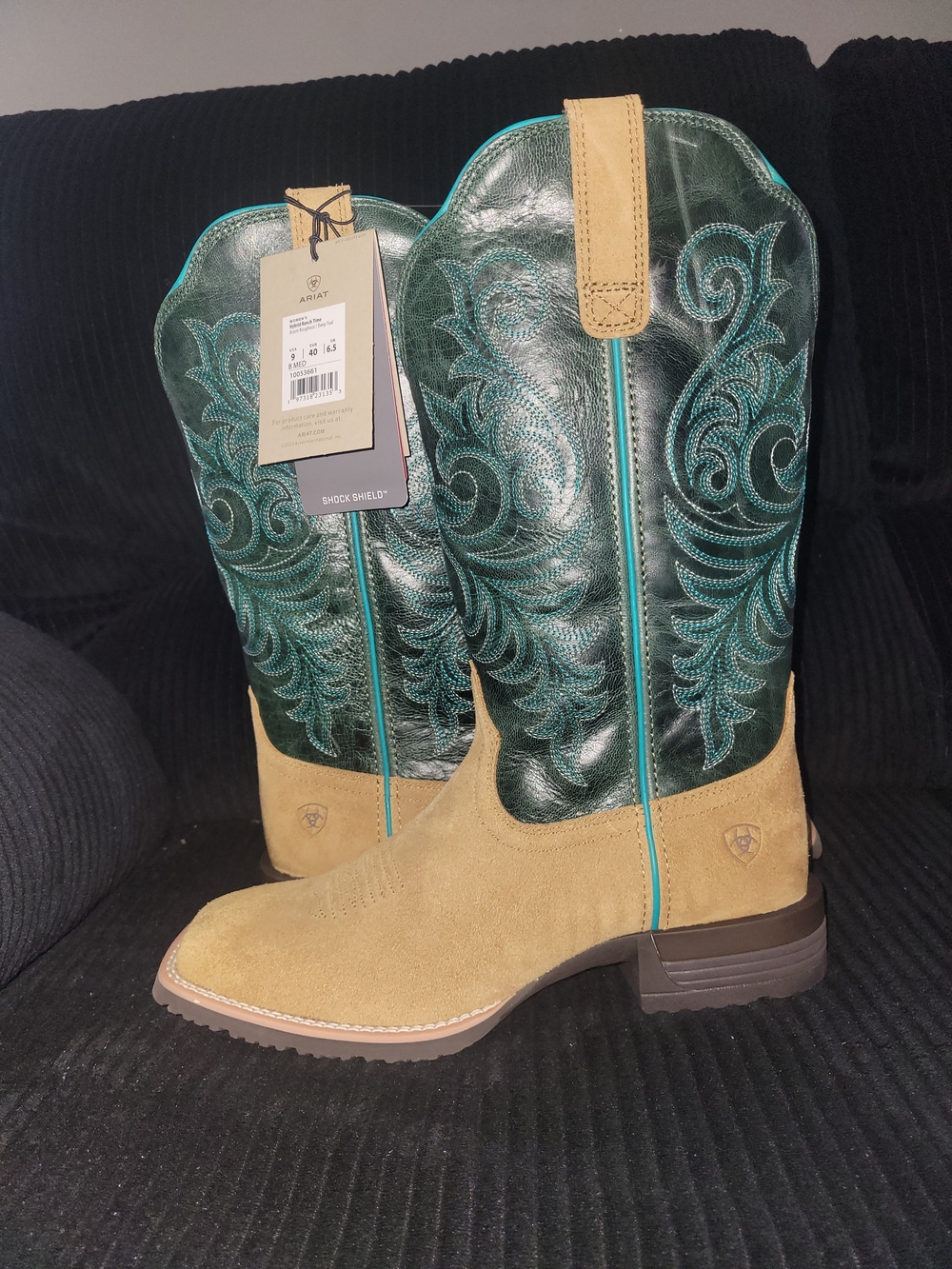 Ariat Green Embroidered Shaft with Tan Suede Foot Western Boots